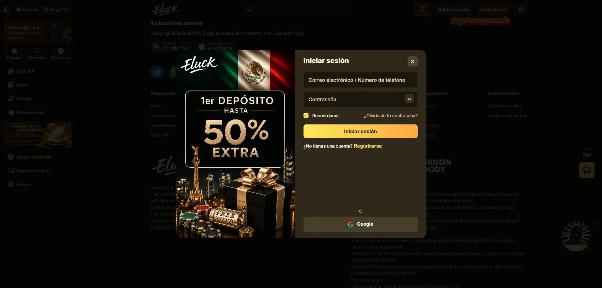 Pantalla de acceso a Eluck Casino app en Android
